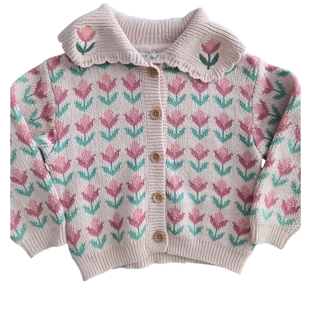 Primark Kids Tulip Floral Knit‎ Cardigan Pink Cream Scalloped Collar 3-4Y 104cm